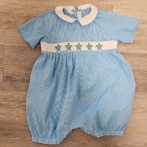 Vive Le Fete Smocked Bubble Romper with Turtle Embroidery